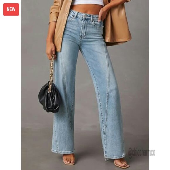 Wide Leg Jeans Mid High Waisted Stretchy Denim Pants Straight Leg Trousers - Picture 7 of 8